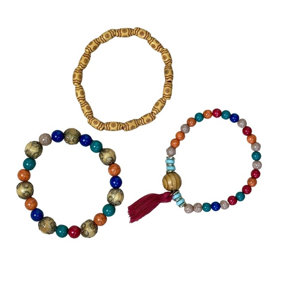 Bohemian Multicolour Beaded Elasticized Bracelets Set of 3 - Picture 3 of 6